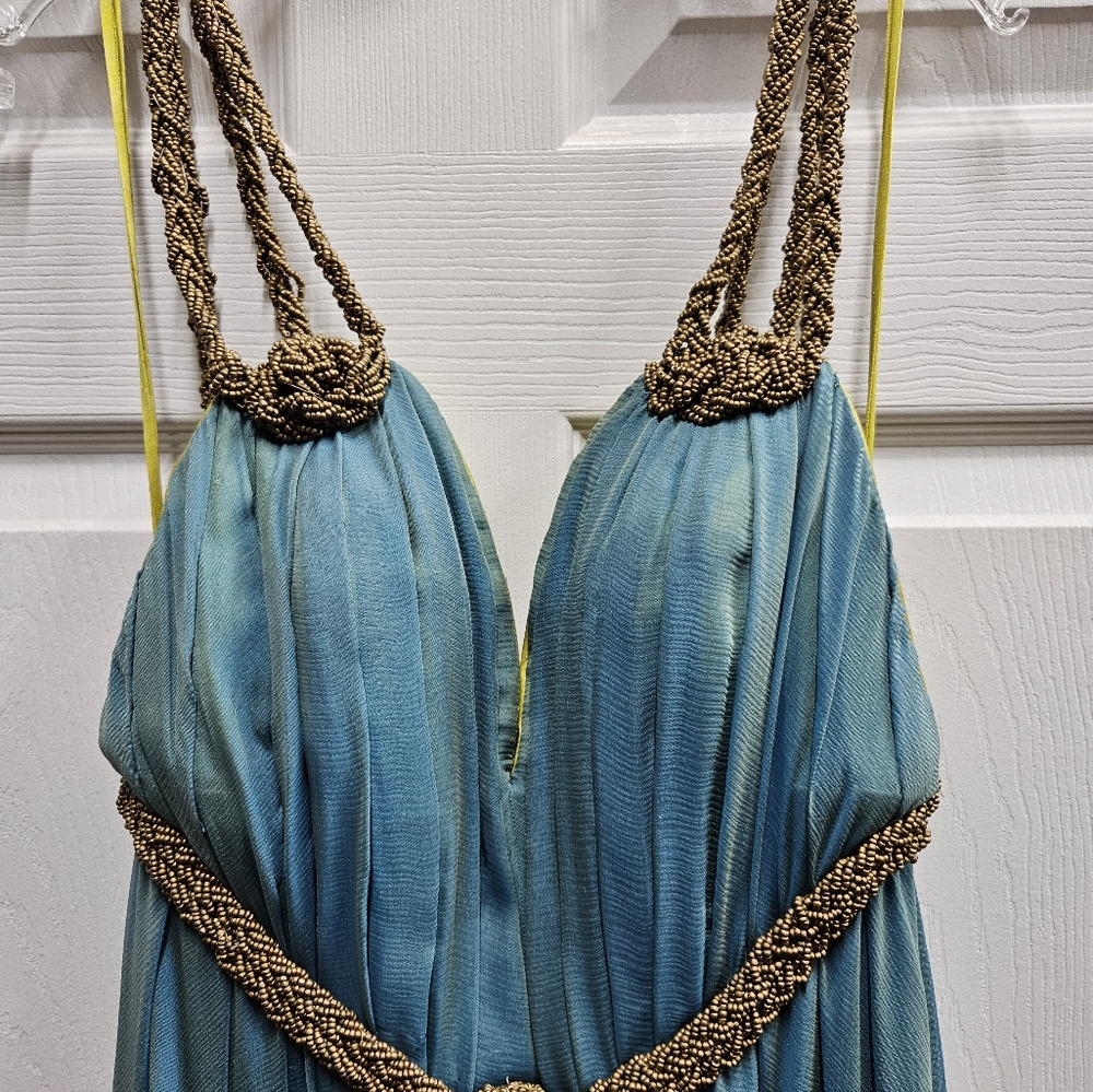 Rafael Cennamo blue/gold gown sz 4 - Picture 3 of 8